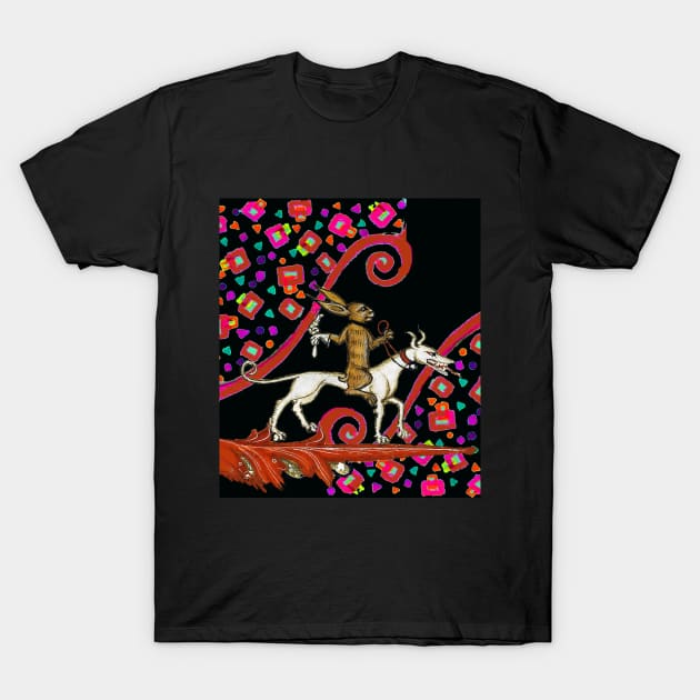 WEIRD MEDIEVAL BESTIARY Rabbit Riding a White Dog as a Knight T-Shirt by BulganLumini